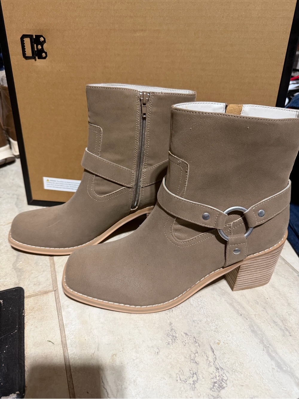 Women's Taupe Ring-Strap Ankle Boots with Stacked Heel